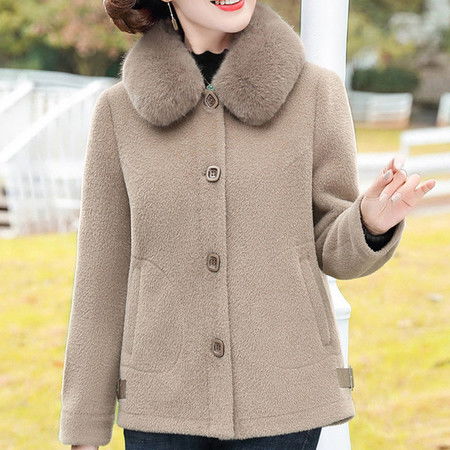 洋湖轩榭妈妈冬装外套水貂绒短款2021新款50岁气质中年女士洋气厚毛呢大衣
