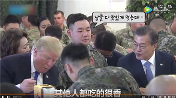 坐在特朗普和文在寅中间吃饭韩国兵哥哥表情亮了