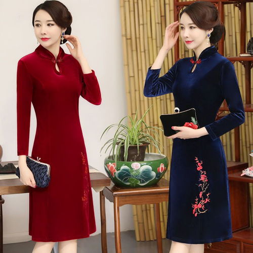 2019新款中老年女日常绣花旗袍气质中国风中长袖秋冬妈妈装连衣裙