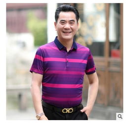 男士条纹休闲爸爸装男装半袖体夏季中年翻领薄款短袖t恤牌服