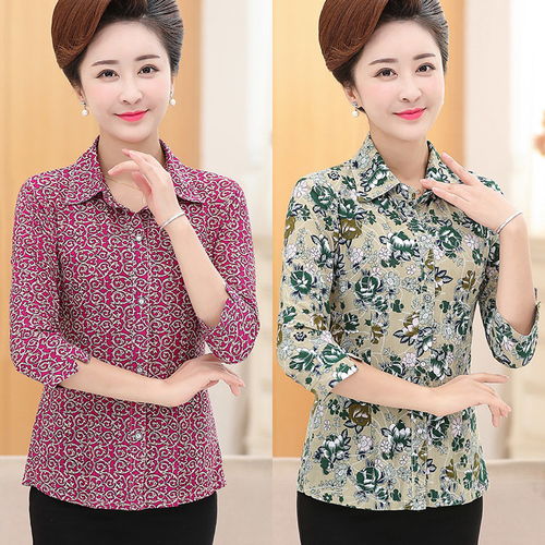 中老年女装夏装女长袖女衬衫4050岁妈妈装春装衬衣服中年老年人
