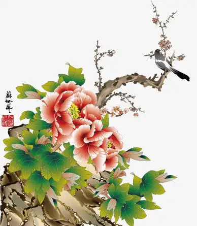 卡通手绘花开富贵牡丹喜鹊png图片素材免费下载牡丹png388445像素熊猫办公