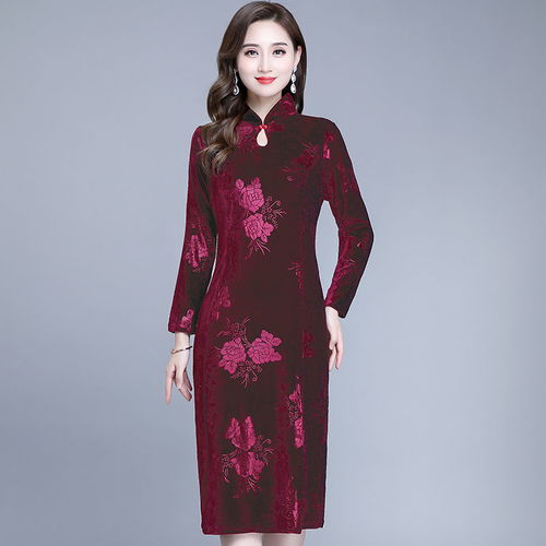 妈妈装金丝绒连衣裙长裙中老年女装大码春秋修身加绒加厚旗袍裙子