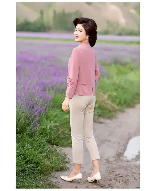 启言2019新款妈妈长袖上衣中年妇女装春秋装40岁50中老年洋气两件套装