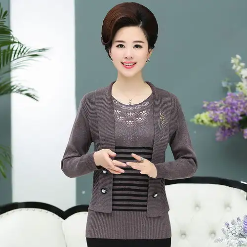 2019新款妈妈秋装针织衫打底衫毛衣40岁50中老年女装假两件套上衣