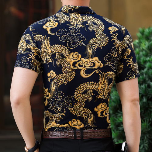 花花公子贵宾时尚民族风夏季短袖衬衫中年男士复古花衬衣爸爸装潮