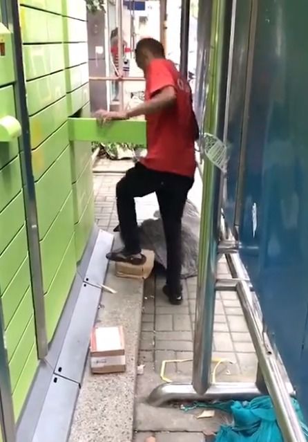 气愤河北一快递员因包裹太大塞不进快递柜,竟使用暴力踩扁