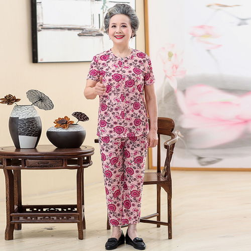 2020新款妈妈春装洋气两件套装老年人衣服奶奶夏装短袖中老年女装