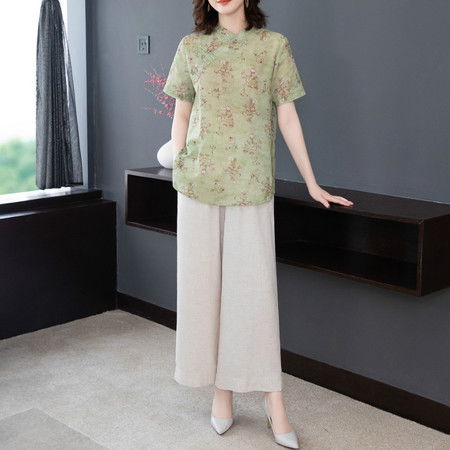洋湖轩榭中老年女装大码短袖套装2021夏季新款40岁中年妈妈时尚苎麻两件套
