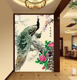 孔雀花开富贵时尚门厅画图片素材psd效果图下载彩雕电视背景墙图大全电视背景墙编号11946956