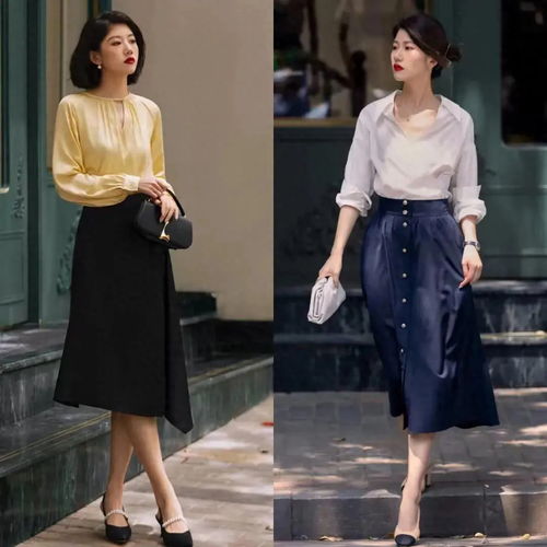 50中年女人这么穿显气质过膝裙低跟鞋就够,高优雅级又减龄