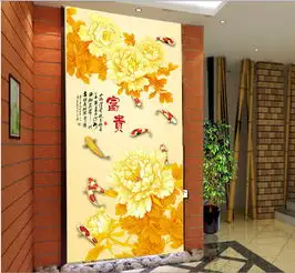 花开富贵客厅九鱼图玄关背景墙